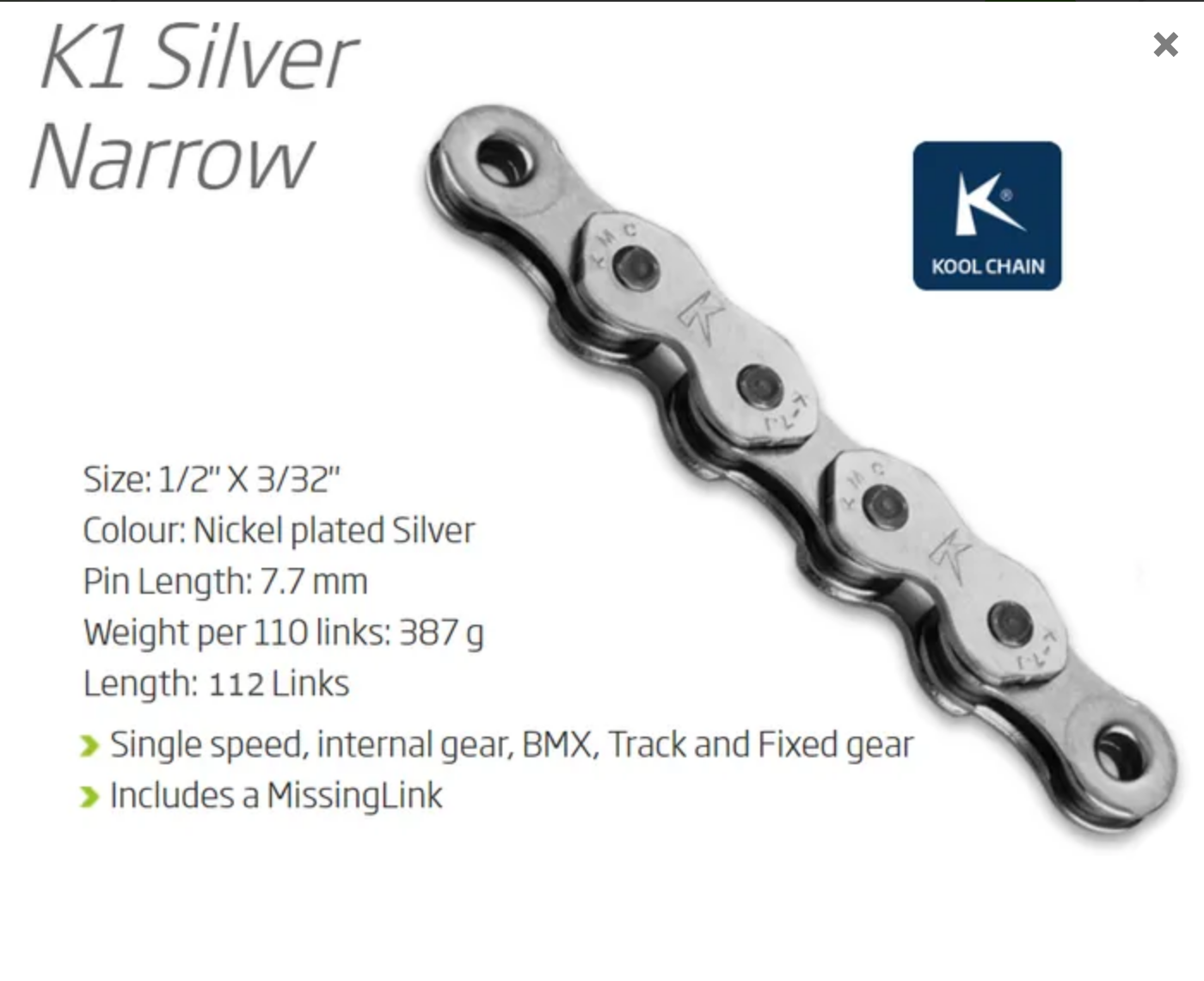 CHAIN - Single Speed - KMC K1 - 112L - SILVER - w/Connect Link