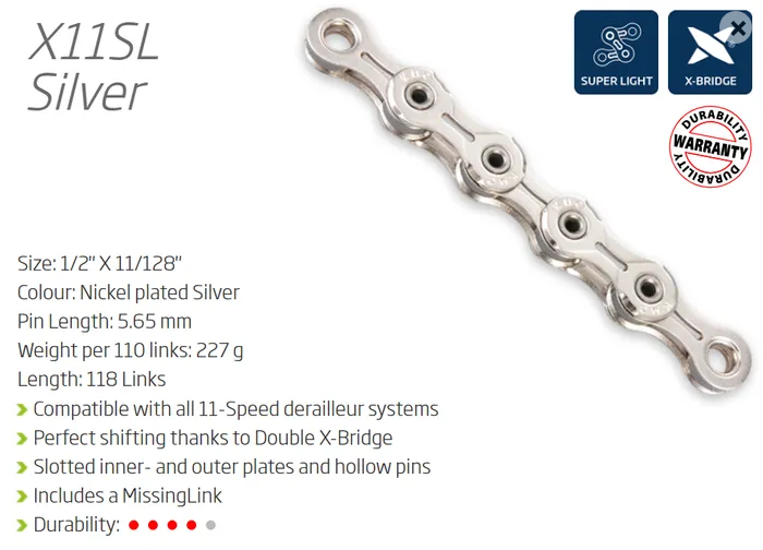 CHAIN - 11 Speed - KMC X11SL - 118L - SILVER - X-Superlight - w/Connect Link