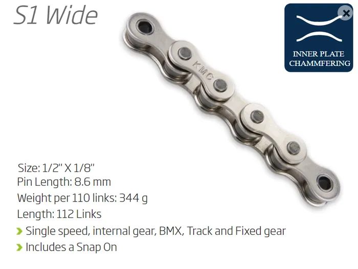 CHAIN - Single Speed-1/2 x 1/8 - KMC S1 - 112L - SILVER - (Chrome Look) - w/Connect Link