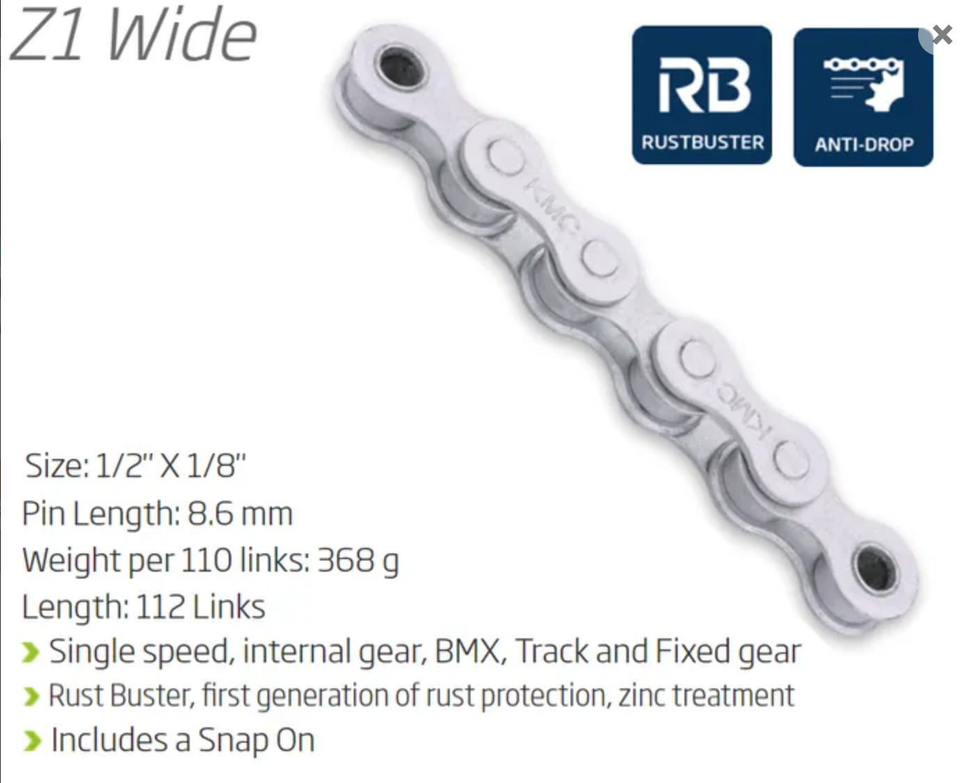 CHAIN - Single Speed - KMC Z1 - 112L - GREY - Rust Buster - w/Connect Link