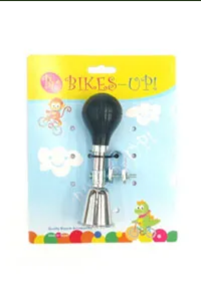AIR HORN - 15cm Long, BIKES Up!, Silver With Black Rubber Bulb