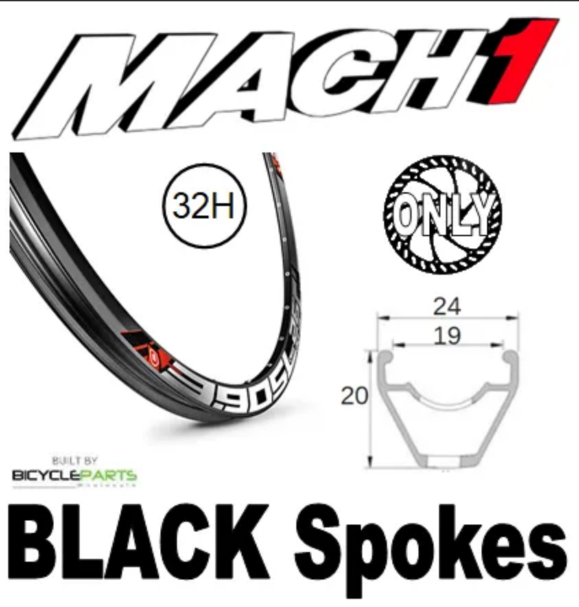 WHEEL - 27.5/650B Mach1 3.90 SL 32H S/j Black Rim, FRONT 15mm T/A (100mm OLD) 6 Bolt Disc Sealed Novatec Light Weight Black Hub, Mach 1 BLACK Spokes