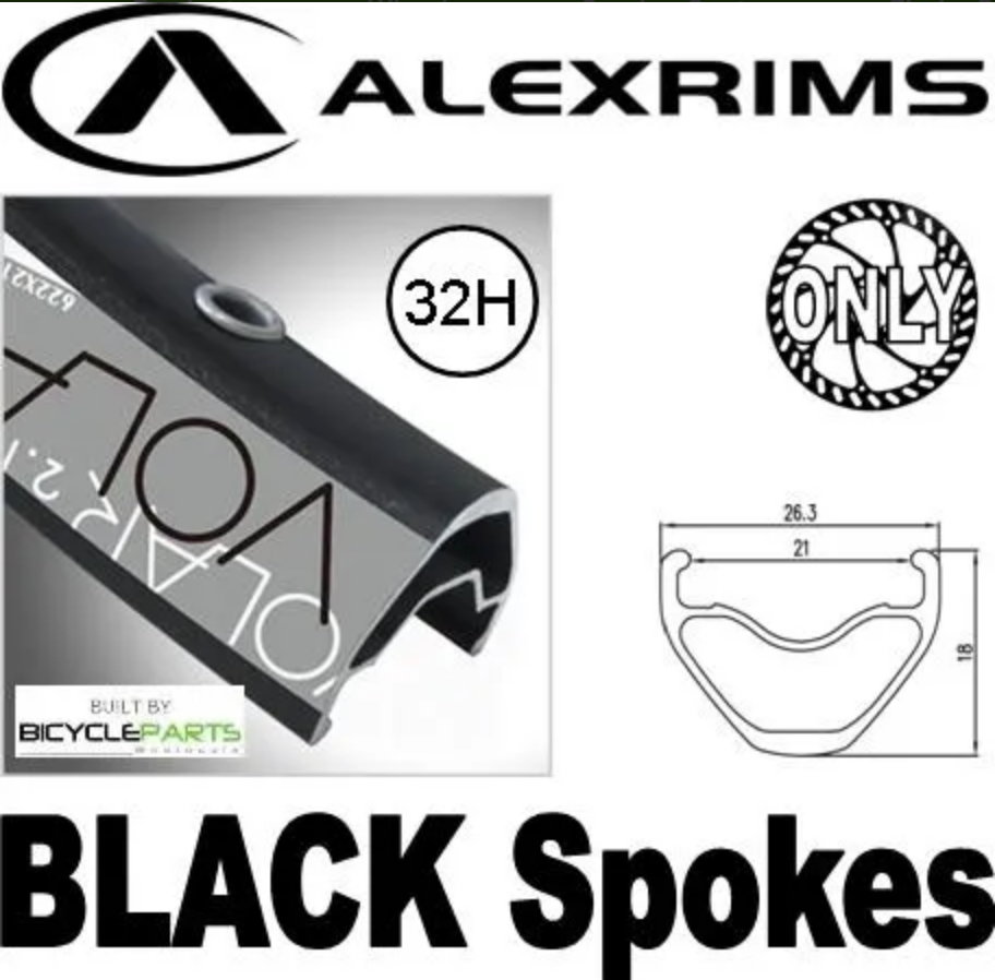 WHEEL - 27.5 / 650B Alex Volar 2.1 D/w 32H F/v Sleeve Eyeletted D/s Black Rim, FRONT Q/R (100mm OLD) 6 Bolt Disc Loose Ball Black Hub, Mach1 BLACK Spokes