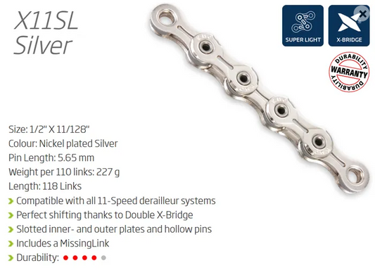 CHAIN - 11 Speed - KMC X11SL - 118L - SILVER - X-Superlight - w/Connect Link
