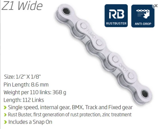 CHAIN - Single Speed - KMC Z1 - 112L - GREY - Rust Buster - w/Connect Link