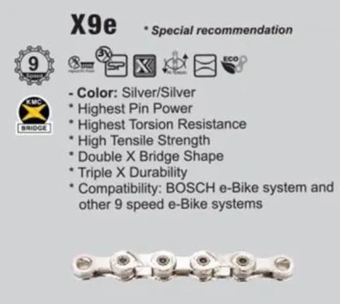 KMC E9T - 136L - SILVER - w/Connect Link - EXTRA LONG - (Ebike Chain, higher pin power for e-Bike torque)